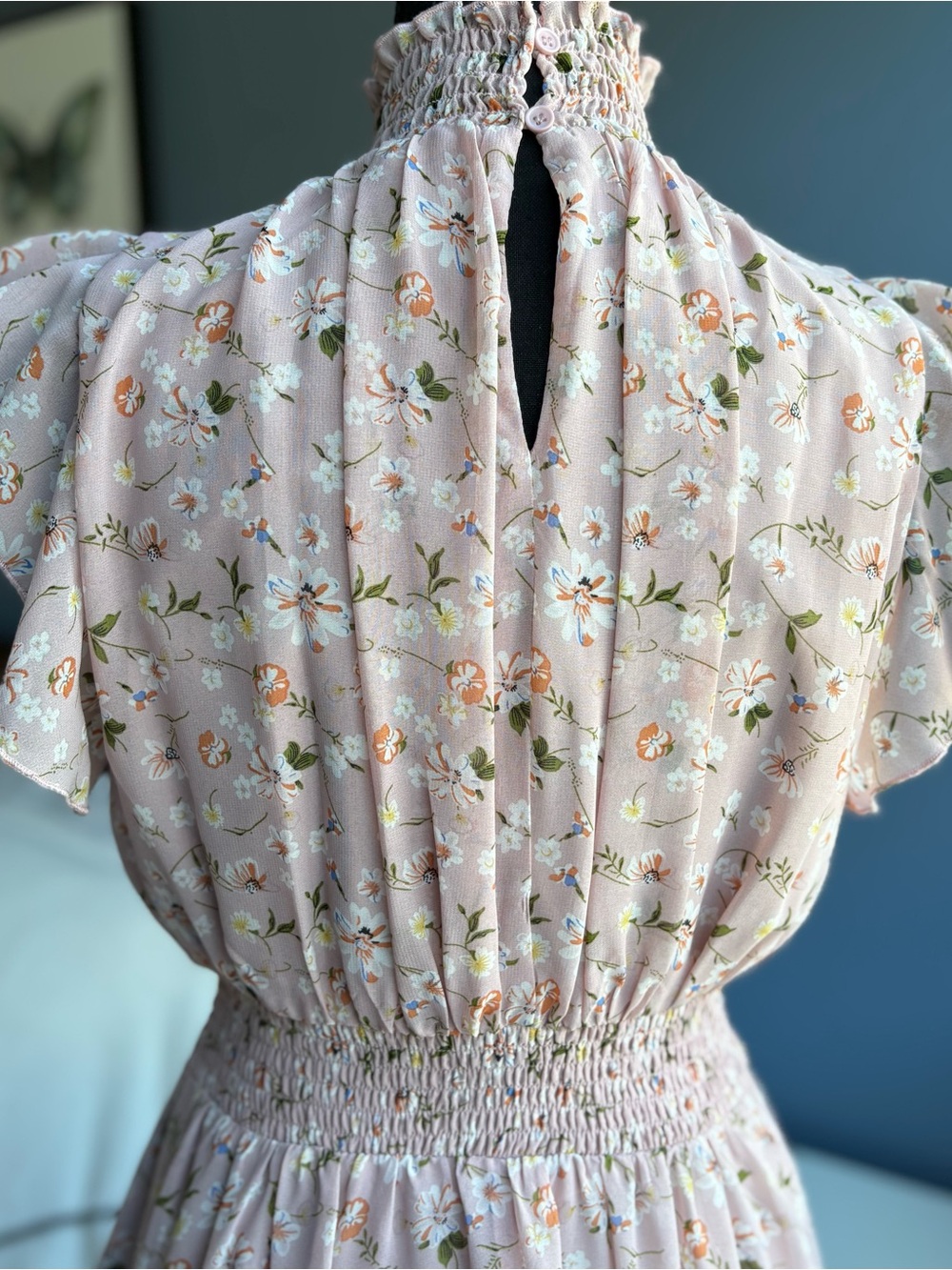 MELLODAY Pink Floral Smocked Maxi Dress with Ruffle Shoulders - Picture 11 of 16